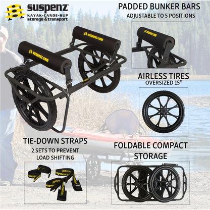 Suspenz Kayak Canoe Transport Cart, All-Terrain Super Duty Trolley Carrier with No-Flat Airless Wheels and Kickstand, 350 lb Load Capacity, Black (22-9908)