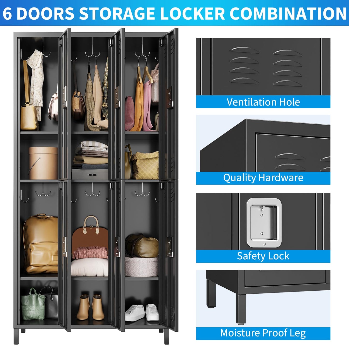 6-Door Employee Metal Locker Cabinet with 12 Hooks & 6 Adjustable Shelves, Lockable Steel Storage Cabinet for Office, Gym, Garage & School