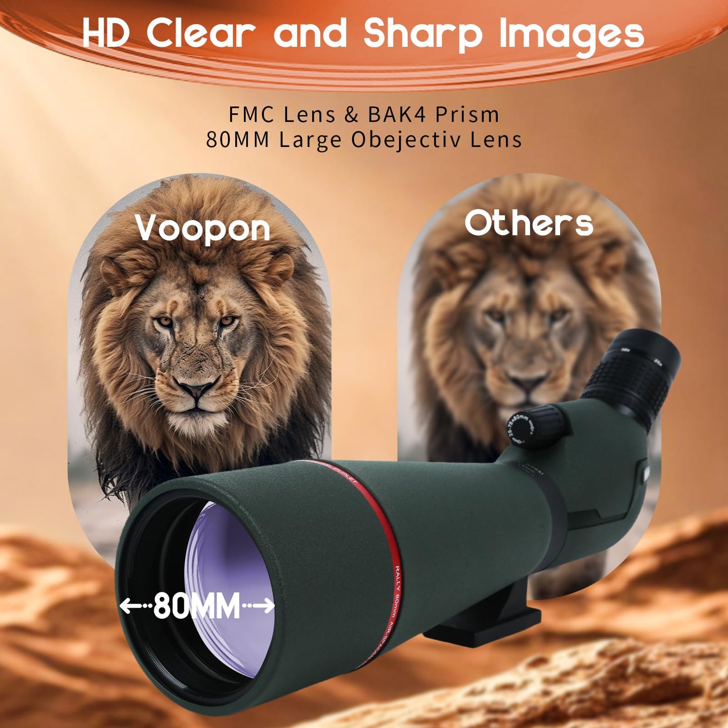 Voopon 25-75x80 HD Spotting Scope - BAK4 Prism Nitrogen-Filled with Phone Adapter, and Carrying Bag for Target Shooting, Hunting, Bird Watching, and Wildlife Viewing - Waterproof Frogproof Telescope