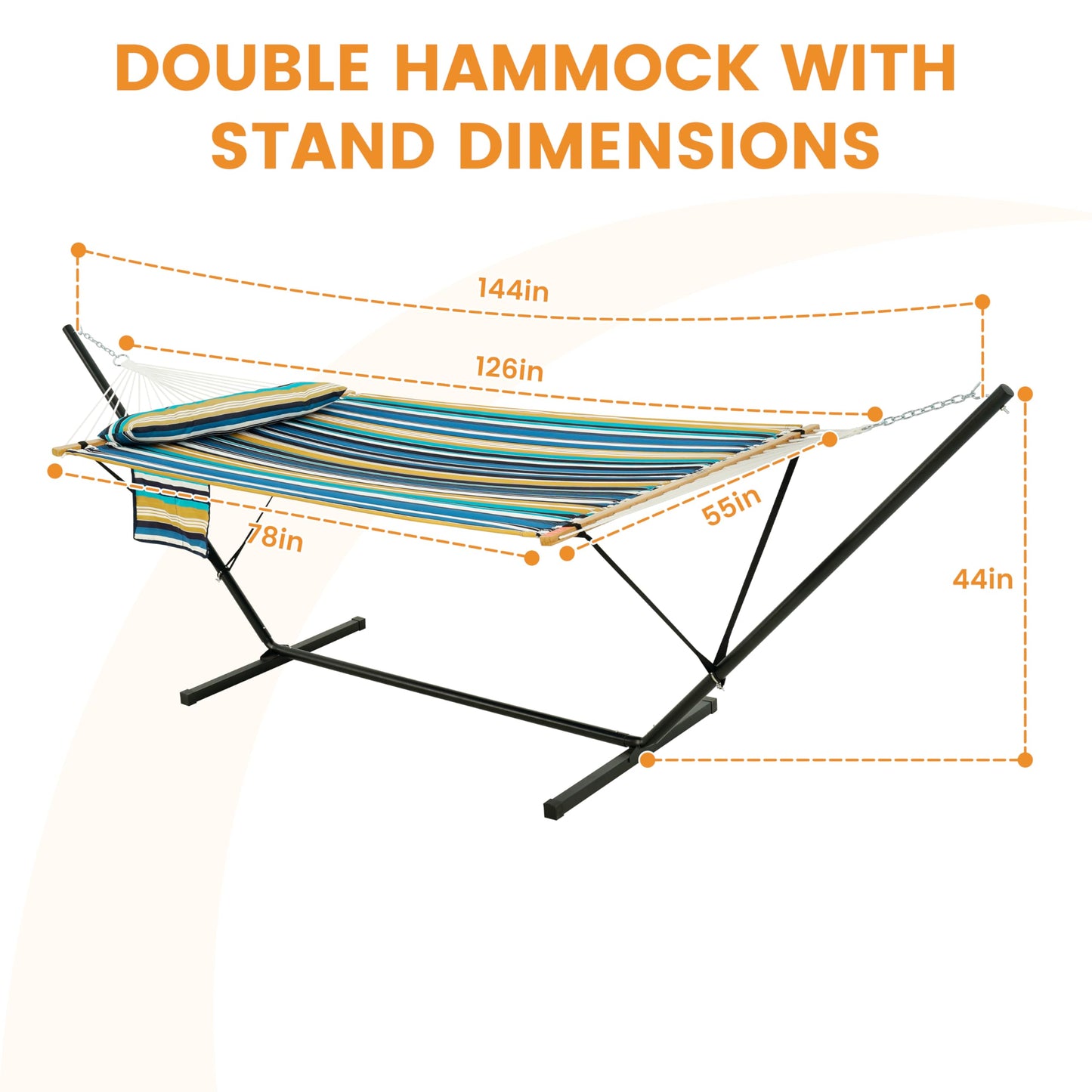 Lazy Daze Hammocks 2 Person Portable Hammock with 12FT Stand for Outside, 10.5FT Quilted Double Hammock with Spreader Bar and Detachable Pillow, 450lbs Capacity for Outdoor Patio, Beach Stripes