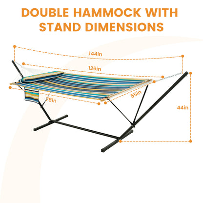 Lazy Daze Hammocks 2 Person Portable Hammock with 12FT Stand for Outside, 10.5FT Quilted Double Hammock with Spreader Bar and Detachable Pillow, 450lbs Capacity for Outdoor Patio, Beach Stripes