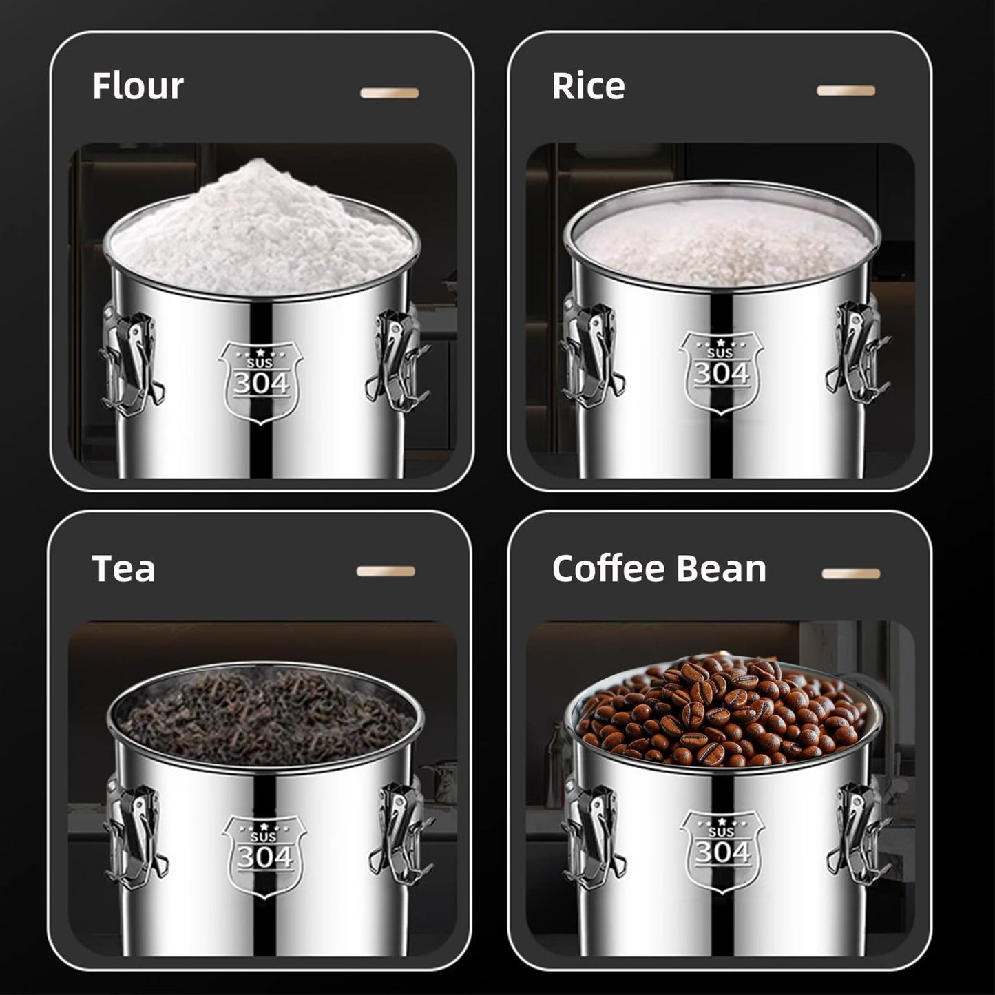 Verdeho 304 stainless steel food storage containers with lids lock clips airtight container large airtight for rice flour sugar grain coffee bean storage containers Kitchen jar (8.72gal/33L)
