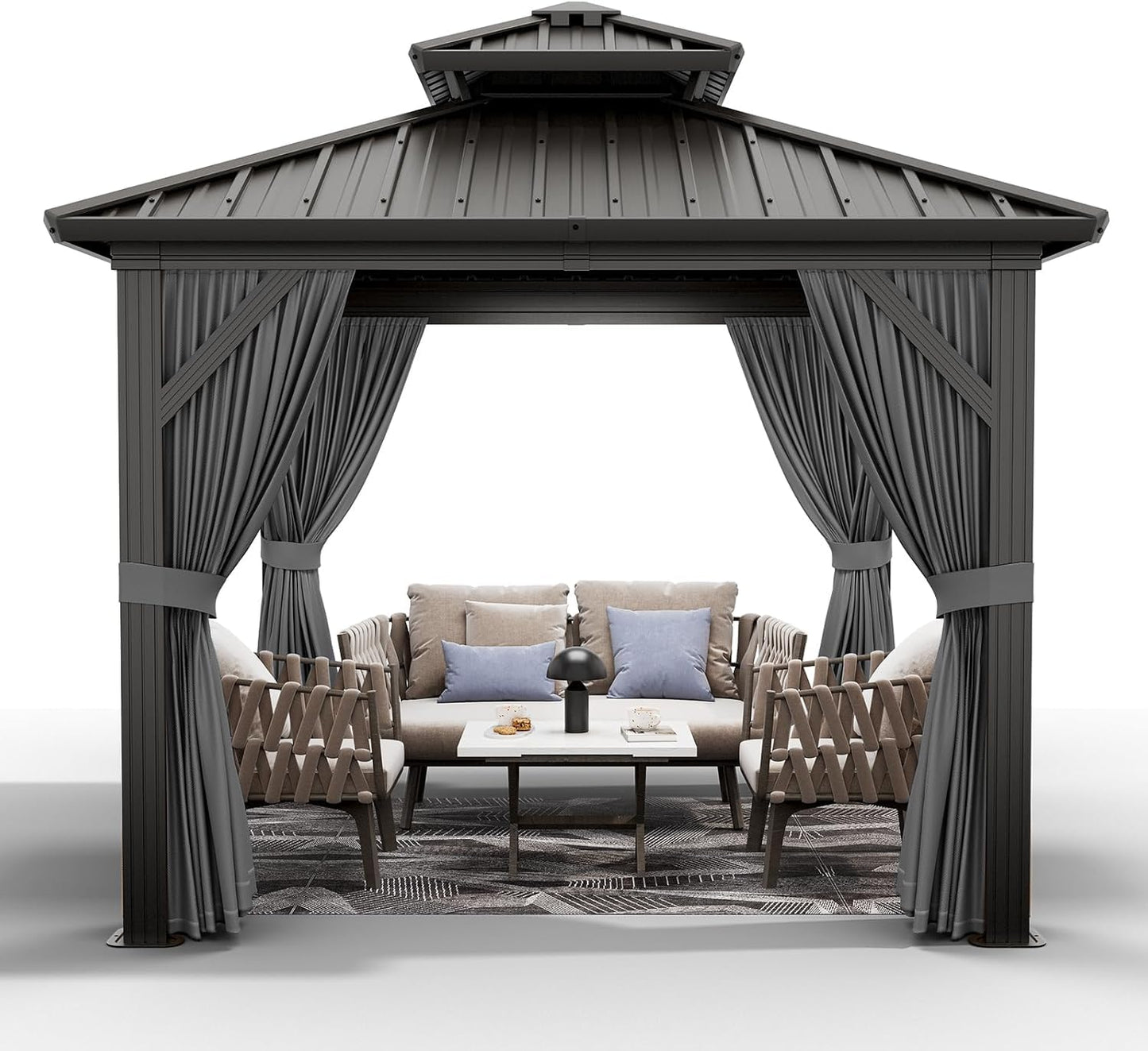 10'x10' Hardtop Gazebo, Heavy Duty Aluminum Permanent Outdoor Pavilion with Curtains and Netting for Garden, Patio, or Backyard (Grey, 10'x10')