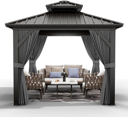 10'x10' Hardtop Gazebo, Heavy Duty Aluminum Permanent Outdoor Pavilion with Curtains and Netting for Garden, Patio, or Backyard (Grey, 10'x10')