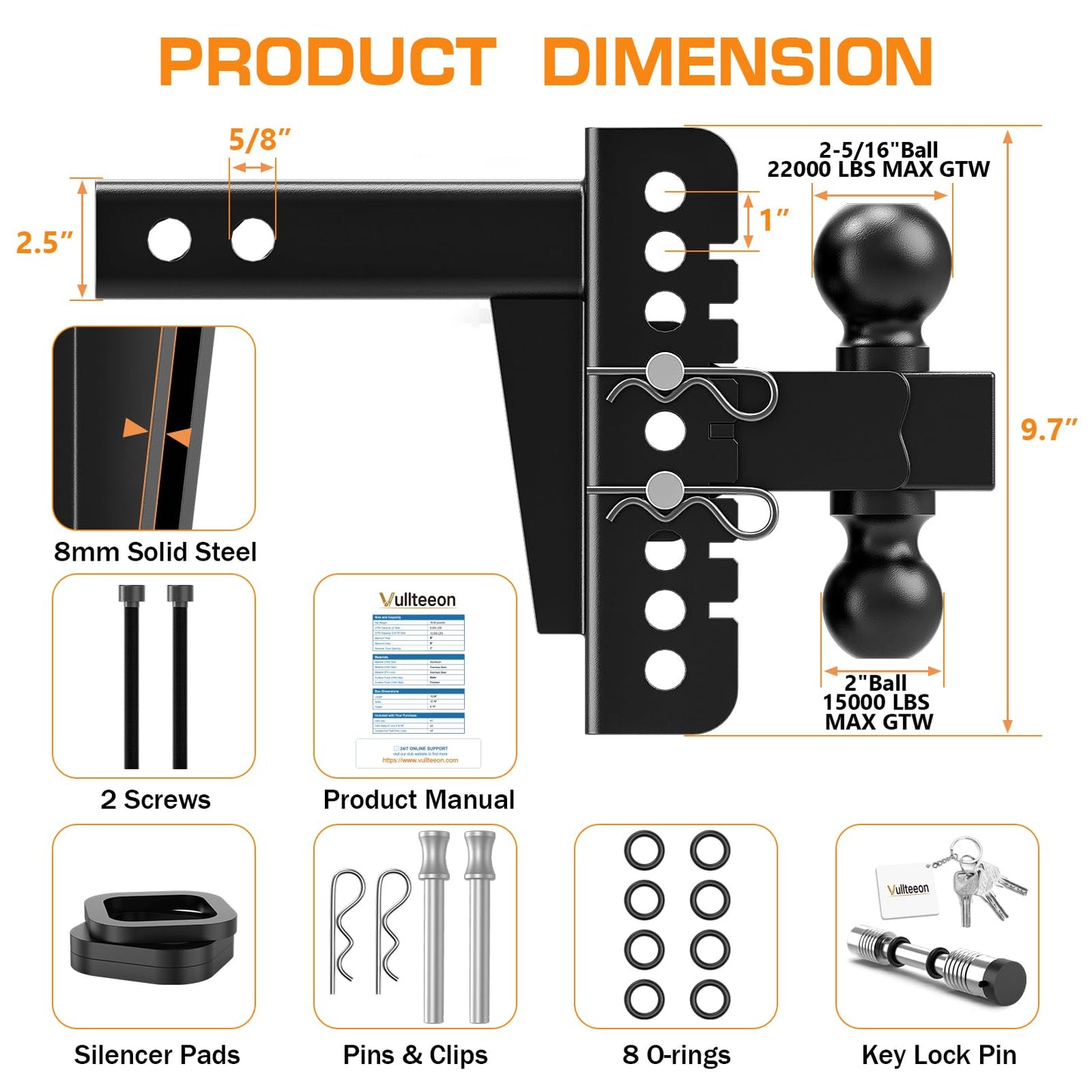 Vullteeon Adjustable Trailer Hitch, Drop Hitch for 2.5 Inch Receiver, Tow Hitch with 6 Inch Drop/Rise, 2" & 2-5/16" Ball Hitches for Trucks, 22,000 LBS GTW, Trailer Hitches with Anti-Theft Pin