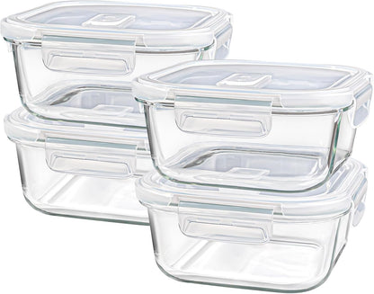 Square Glass Containers - 24oz Borosilicate Food Storage Set | Freezer Safe Meal Prep, 4 Pack