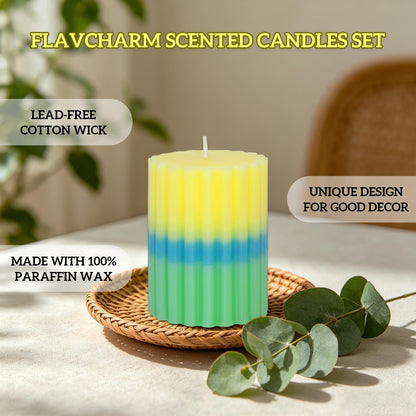 FLAVCHARM Ribbed Pillar Candles 3x4 Inch Lemon Scented Candles Long Lasting Burn Dripless Striped Pillar Candle 3 Pack Aesthetics Aromatherapy Candle for Home Party Summer Decoration Housewarming Gift