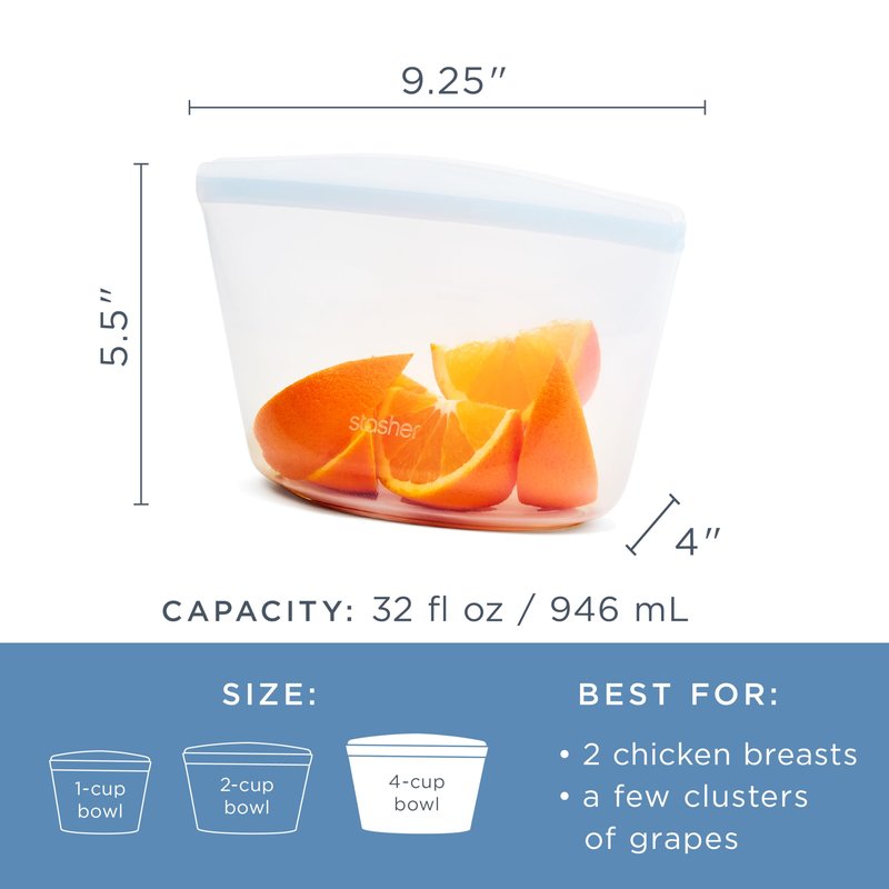 Stasher Silicone Reusable Storage Bag, 4-Cup Bowl, Reusable Snack Bag, Microwave, Dishwasher, Oven Safe, Sous Vide, Premium Lunch Container, Eco Friendly, Food Storage Bag, Freezer Bag, 32 oz, Clear
