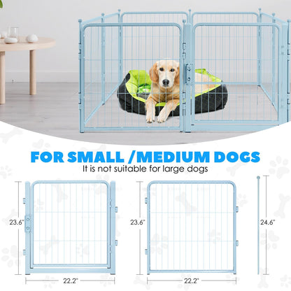 Blue Dog Playpen for Small/Medium Dogs - 32 inch 8 Panels Heavy Duty Metal Puppy Fence Outdoor Indoor with Door, Anti-Rust Foldable Puppy Pen Pet Enclosure, Portable Exercise Kennel for Camping, Yard