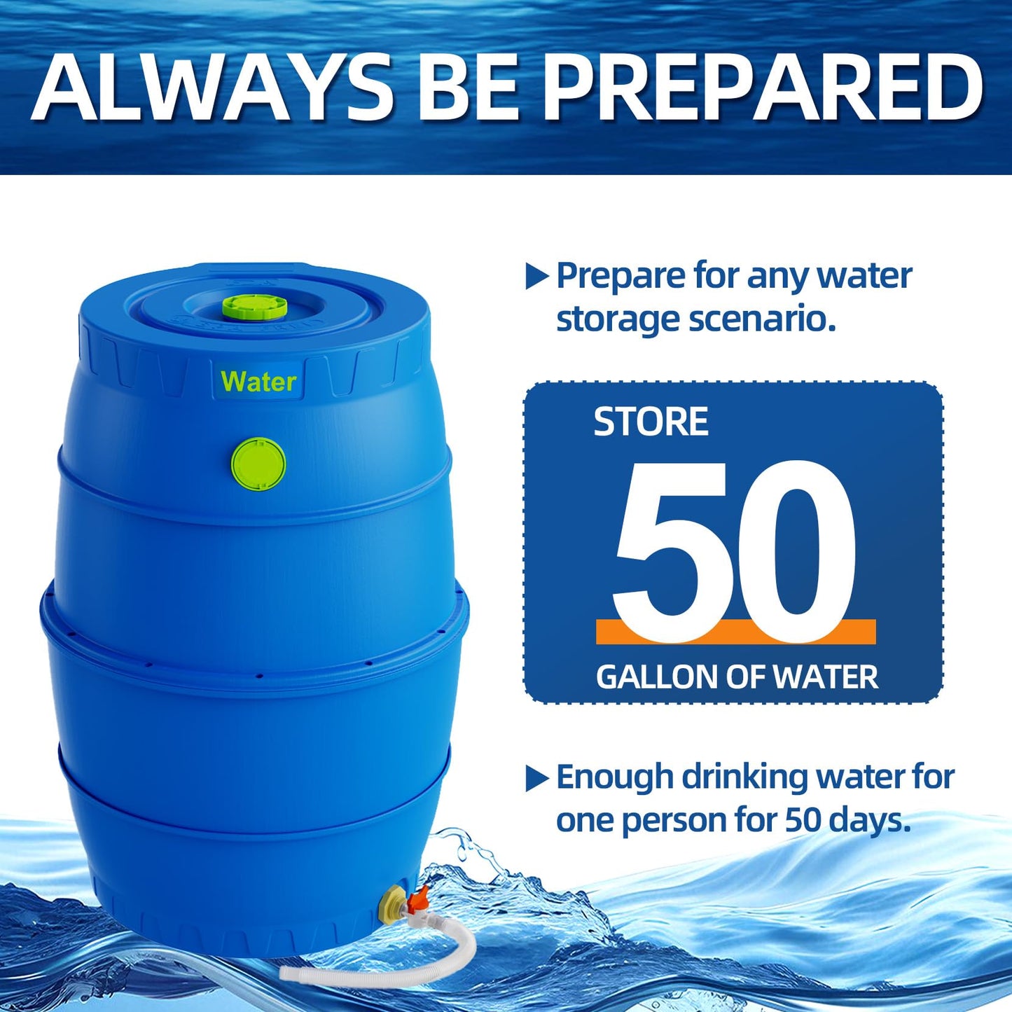 EJWOX 50 Gallon Blue Water Storage Barrel, BPA-Free Rainwater Collection Drum with Spigot, Stackable UV-Resistant Durable PP (Polypropylene) Barrel for Emergency Drinking Water & Gardening