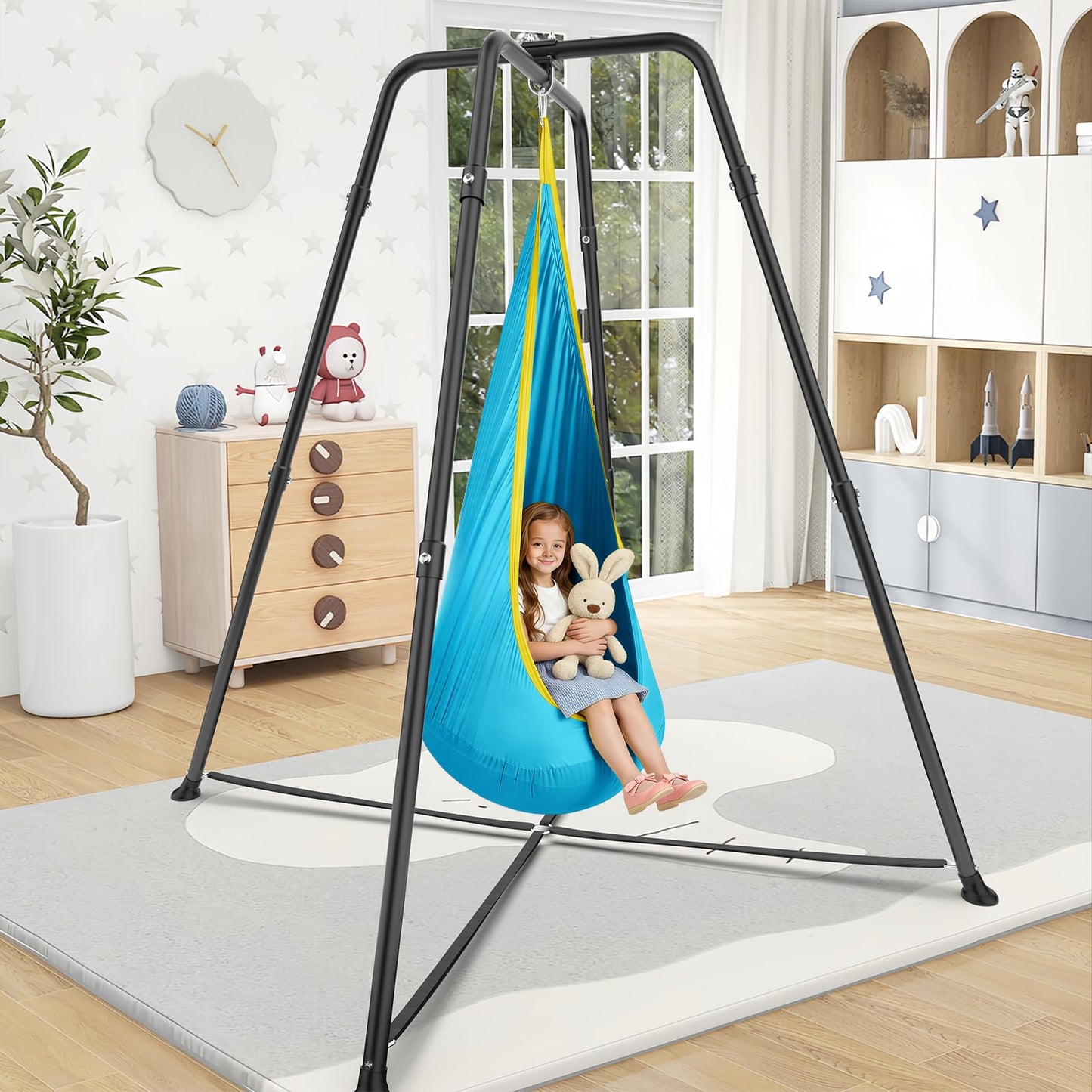 Swing Stand Frame with Sensory Swing Pod Chair, X-Shaped Swing Set, Metal Hammock Chair Stand for Adults Indoor and Outdoor 330LBS (Patterned-Star Blue)