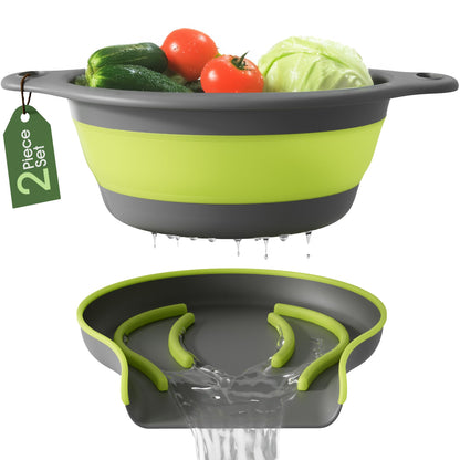 Collapsible Colander Strainer, Includes Over-sink Countertop Draining Base (5QT) Large Kitchen Drainer for Vegetables Fruit and Pasta, Round Foldable Draining Basket, Easy Storage (White)