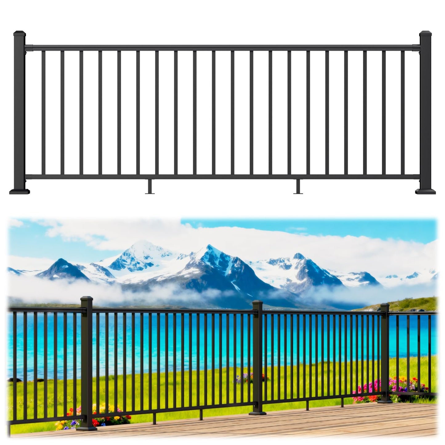Egadis 36 in. H x 8 ft. W Black Deck Railing Kit with 2 Post, Textured AAMA 2604 Powder-Coat Finish Modular Aluminum Railing System for Outdoor Decks, Porches & Balconies(1 Panel, 2 Post)