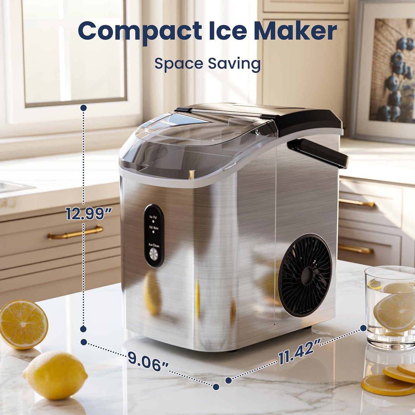 Antarctic Star Nugget Ice Makers Countertop with Auto-Cleaning, 35lbs/Day, Portable Sonic Ice Machine with Handle, Basket and Scoop for Home/Kitchen/Office/Camping(Stainless Steel Silver)