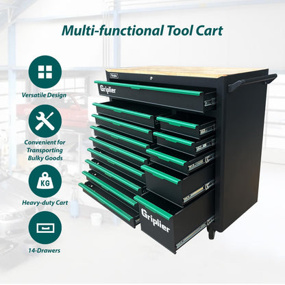 Griplier 14-Drawers Rolling Tool Chest with Wood Workbench,Brake Casters,Lock & Key,Heavy-Duty Steel Tool Cabinet Storage, for Home,Garbge or Workshop Use (14 Drawers)