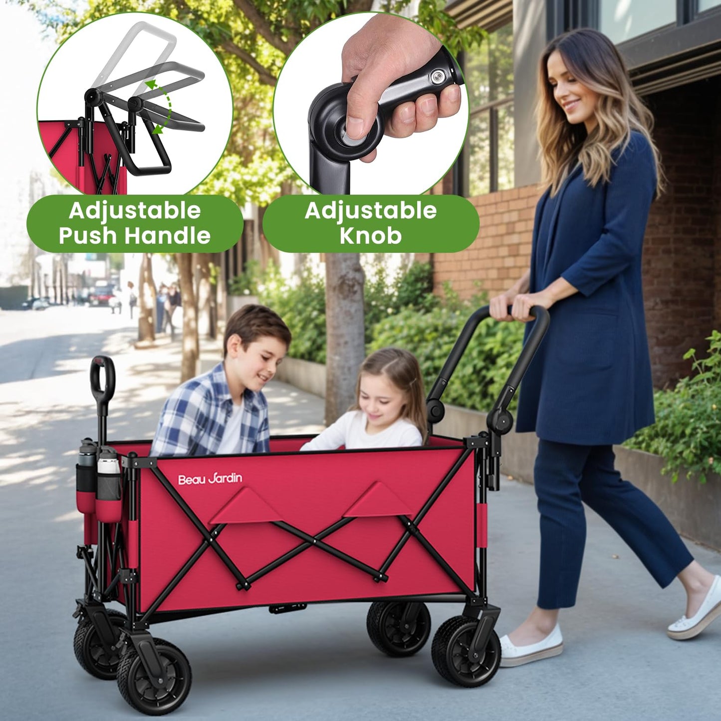 BEAU JARDIN Folding Push & Pull Beach Wagon 500 lbs Collapsible Foldable Wagons with Push Handle All Terrain Wheels Grocery Utility Camping Skiing Ice Fishing Sports Garden Wagon Cart Red
