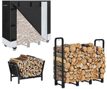Artibear 4FT Firewood Rack Outdoor with Black Cover, bundle 28In Indoor Fireplace Log Holder with Carrier Bag