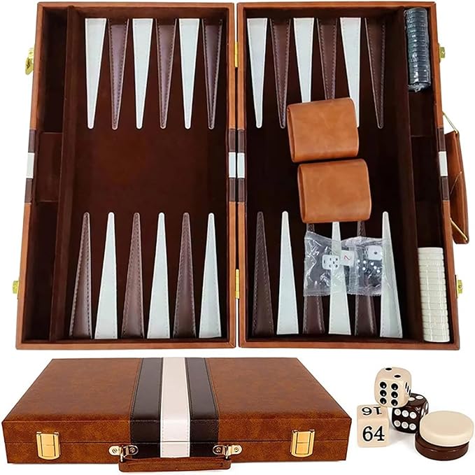 15inch Backgammon Set Classic Folding Board with Leather Case Portable Travel Game Ideal Gift Package for Strategy Lovers
