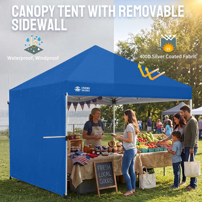 CROWN SHADES 10x10 Pop Up Commercial Canopy Tent, Patented One Push Setup, Heavy Duty Vendor Tent, 1 Removable Sidewall, 4" Wheels, STO-N-Go Bag, 400D Silver Coated, UPF 50+ Waterproof, Blue