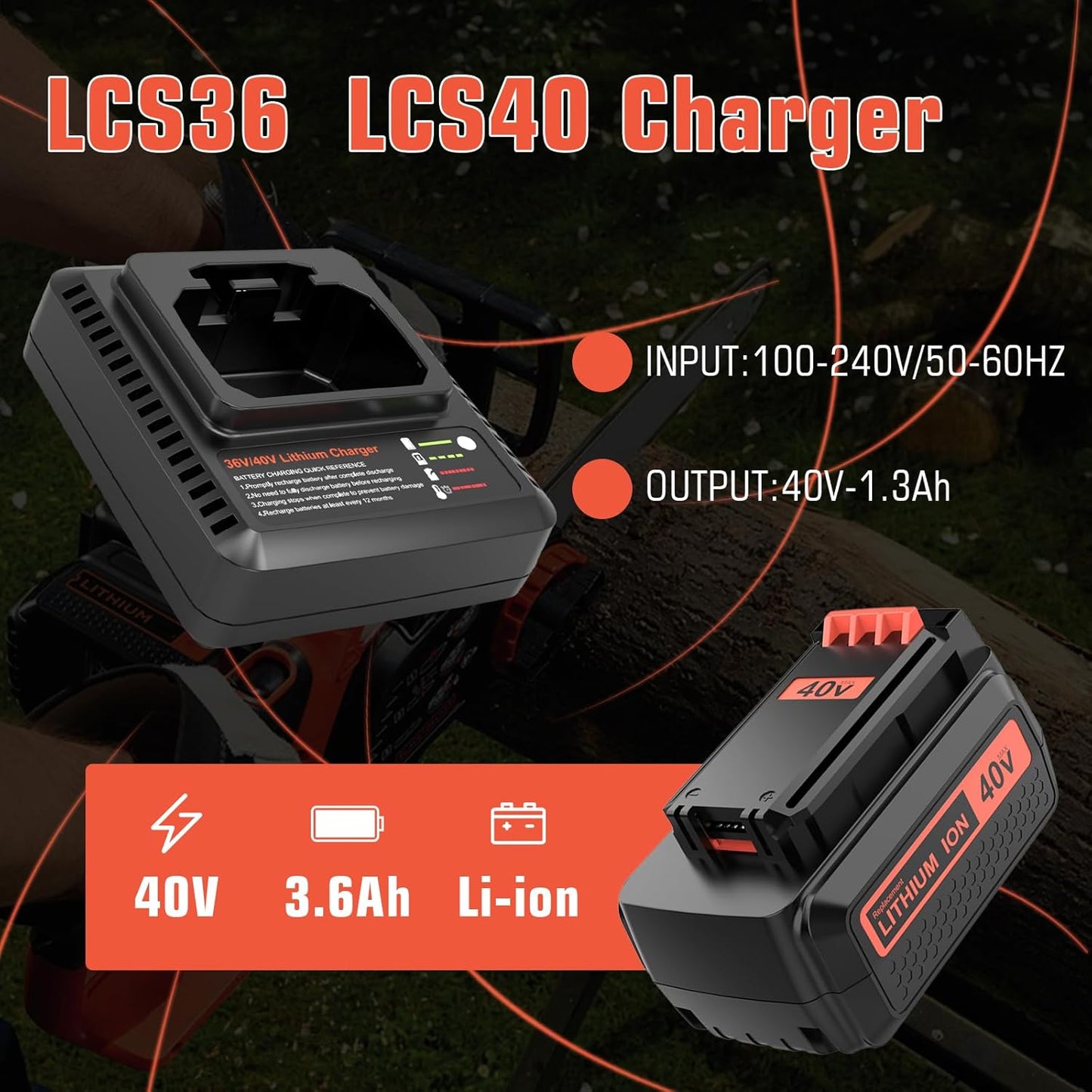 **LBX2040 Lithium-Ion Replacement Battery & Charger - 2-Pack for Black & Decker 40V Tools | 3600mAh**