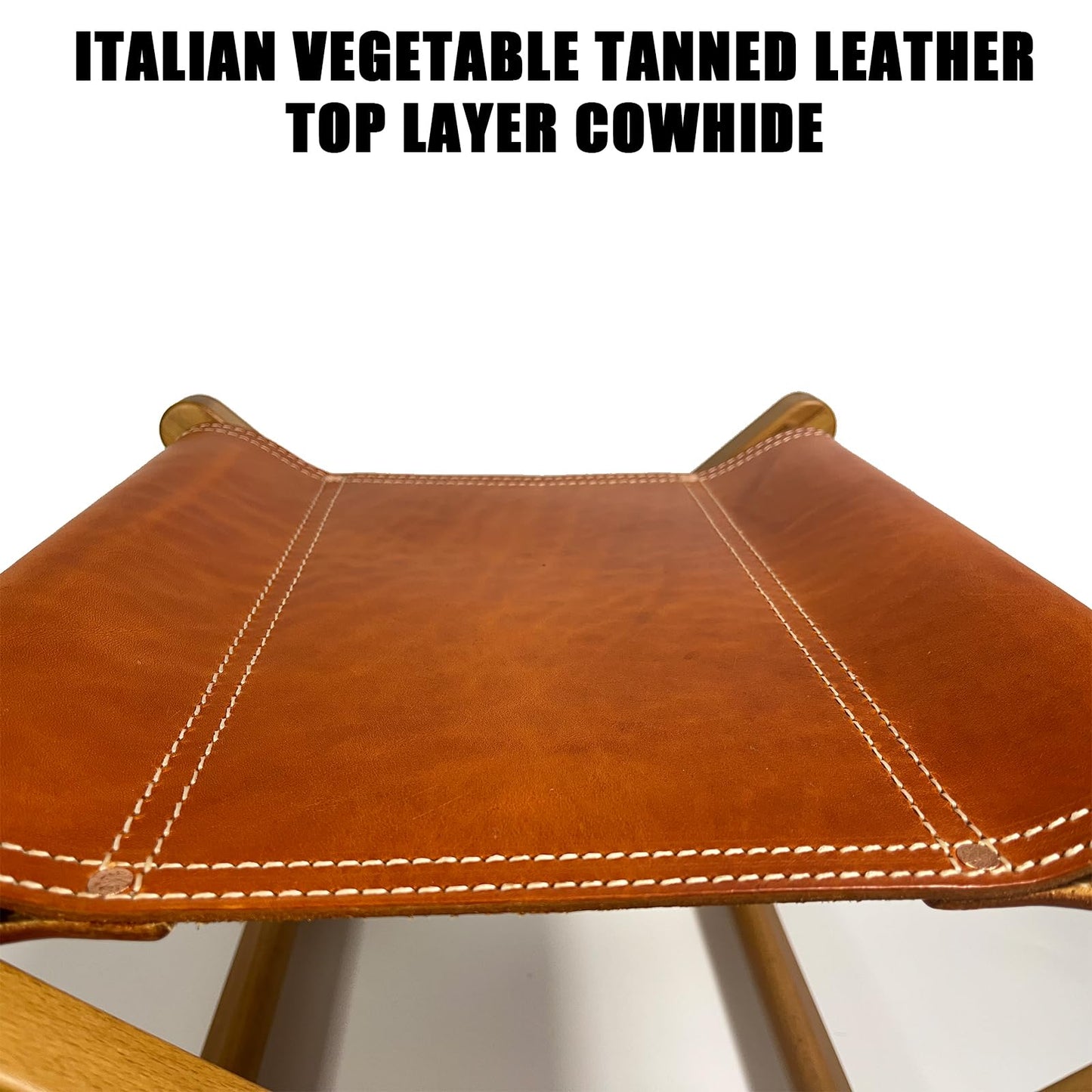 KIDENEI Foldable Leather Stool, Portable Beech Wood Artist Folding Stool, Italian Top Vegetable Tanned Leather Seat, Home Fashion Genuine Leathers Director’s Stools for Home Outdoor Camping Fishing