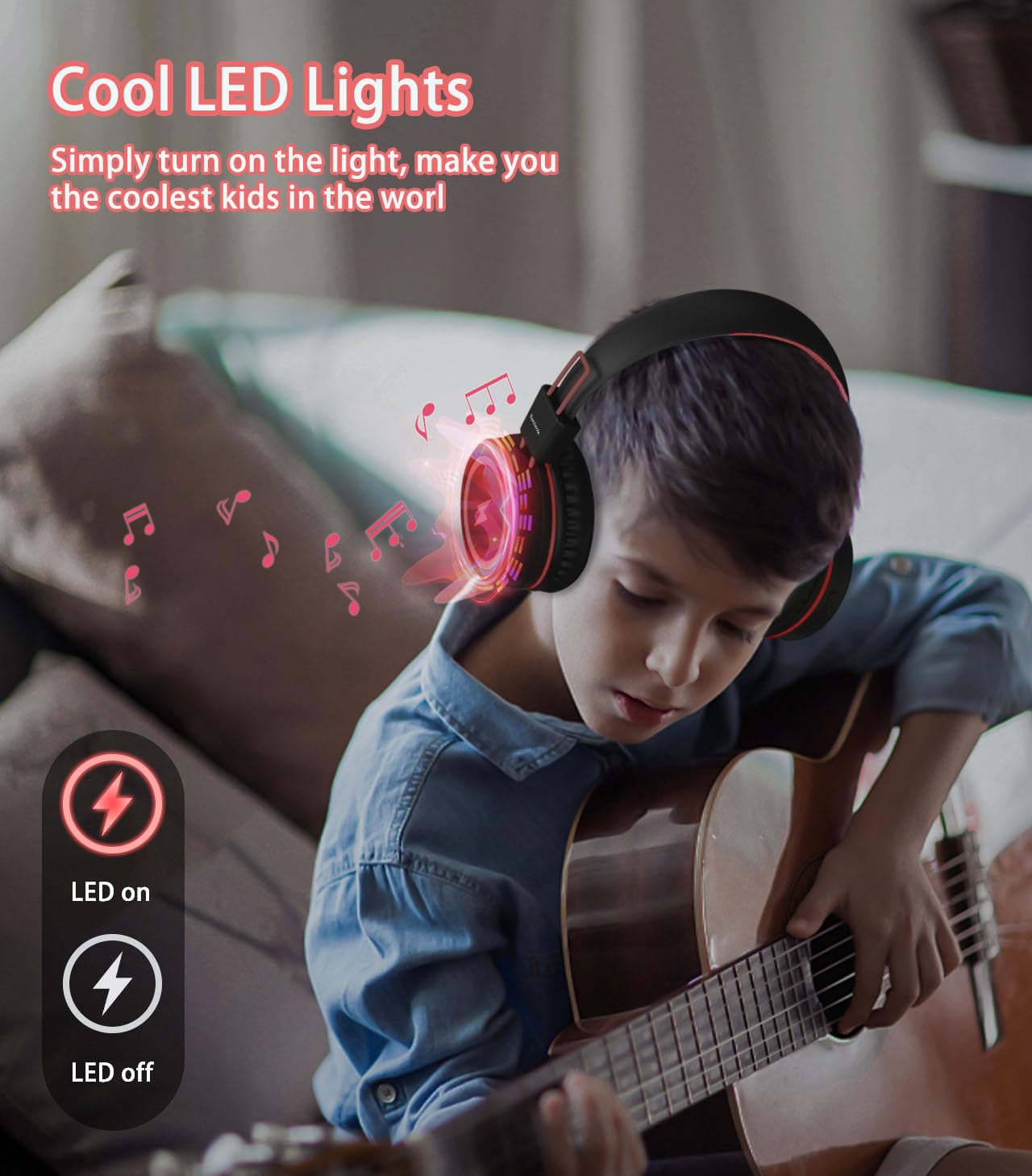 Bywulanda Kids Headphones with LED Lights for School, Upgrade USB Type C Kid Headphone with Microphone, Volume Limiter 85/94dB, Wired On Ear Headphones for Boys/Girls/Tablet/Travel -Black