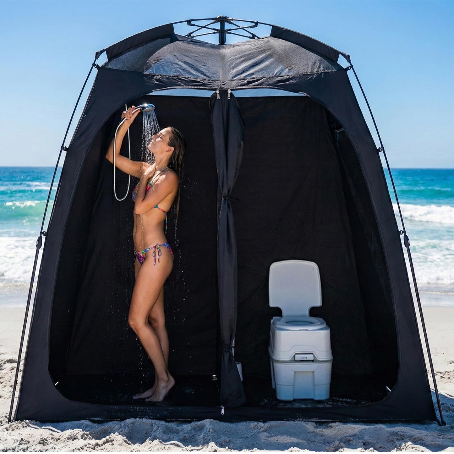 EighteenTek® Upgraded Shower Tents with Hub, Pop Up Privacy Tent Camping 2-Room Privacy Shelter with Floor & Dual Doors, Portable Easy-Setup Toilet & Changing Tent, 83" x 47" x 77.6"H