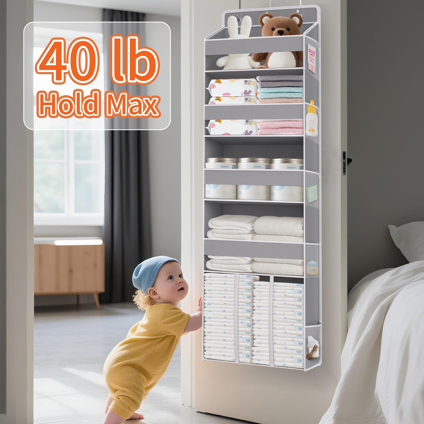 TAHAVICE Heavy Duty Over the Door Organizer with Large Capacity Caddy, Behind Door Storage with 10 Mesh Side Pockets, Back of Door Hanging Organizer for Closet, Bathroom, Laundry