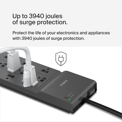 Belkin 12-Outlet Surge Protector Power Strip - Heavy-Duty 8ft Flat Plug | 3,940 Joules for Home & Office