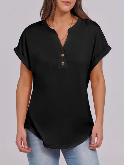 ANRABESS Womens Short Sleeve Henley Tops V Neck Dressy Casual Blouses Summer Trendy Tee Shirts 2025 Vacation Fashion Clothes Black XL