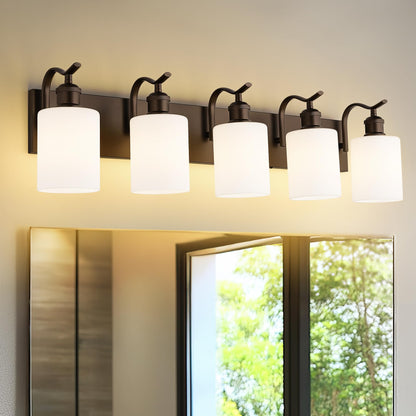 JAZAVA 5 Light Bathroom Vanity Light Oil Rubbed Bronze Metal Wall Sconce with Milky White Frosted Shade Model ZCVL01ORBW-5