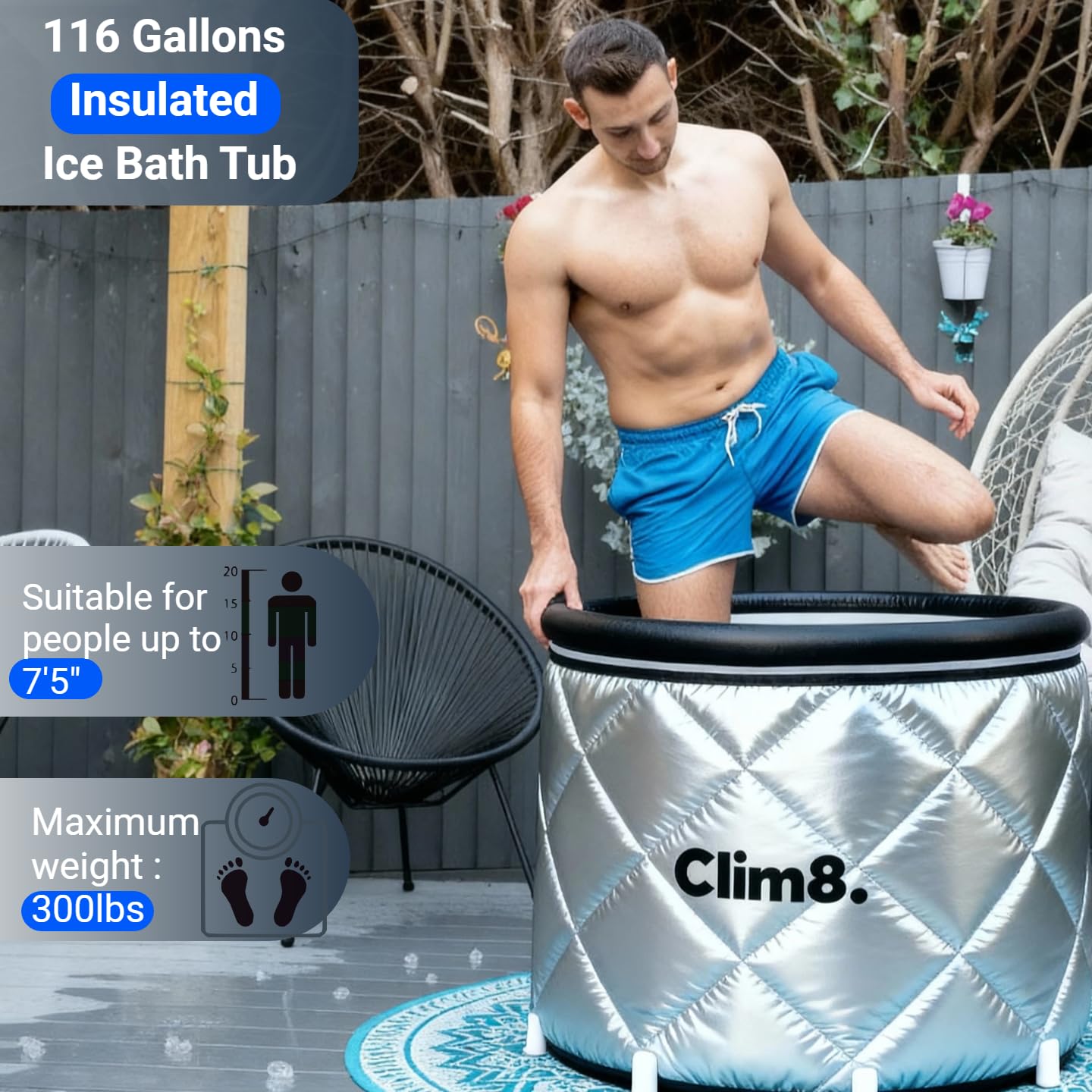 Clim8 Insulated Cold Plunge Tub for Athletes,Fitness and Wim Hom Enthusiasts, Portable Ice Bath at Home for Indoor & Outdoor Use With Drainage Hose & Protective Cover,116Gal, Chiller Compatible