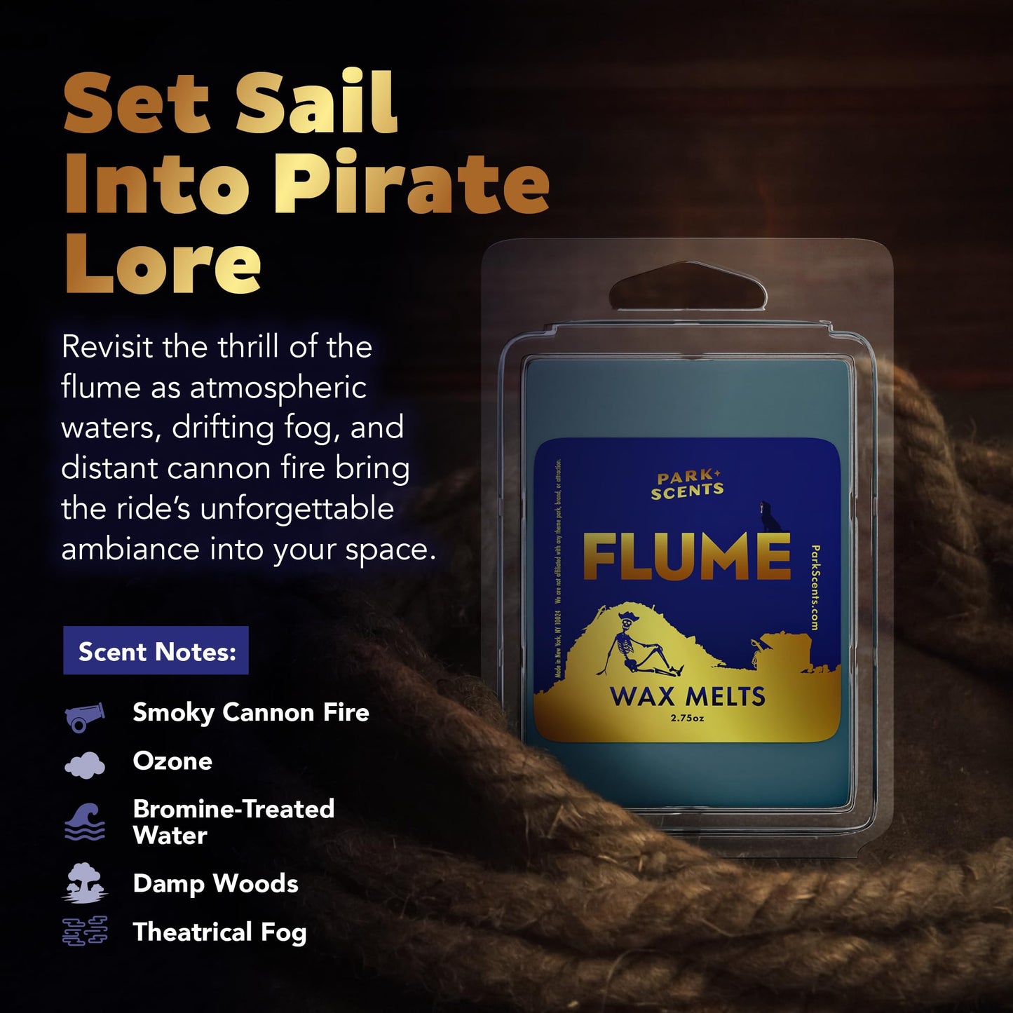 Park Scents Flume Scented Candle Wax Melts – Theme Park Melting Wax Cubes with Strong Scent of Smoky Cannon Fire, Ozone, Bromine-Treated Water, Fog, Damp Woods – Vegan Soy Made in USA (3-Pack)