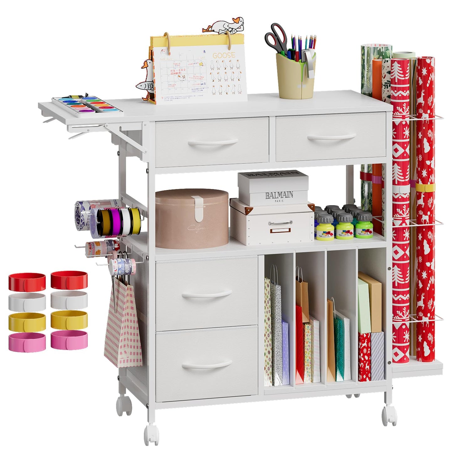 Wrapping Paper Storage Cart with Foldable Table, 3 Tier Gift Wrap Organizer with Drawers, Holds 8 Rolls, 8 Slap Bands, Rolling Craft Storage Station for Ribbons Gift Bags Supplies (White)