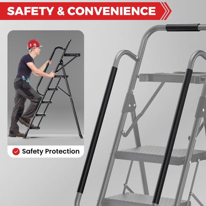 KINGRACK 5 Step Ladder, Folding Step Stool for Adult with Tool Platform, Handrails, Wide Anti-Slip Pedals, Pass 800lbs Load Testing， Portable Safety Step Stool for Home, Kitchen, Black