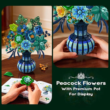 Flowers Building Set with Vase Easter Flower Bouquet Botanical Collection Building Block Toy 1309 PCS Peacock Artificial Plant Bonsai Kit Home Decor Gift for Her Adults Girls 12+