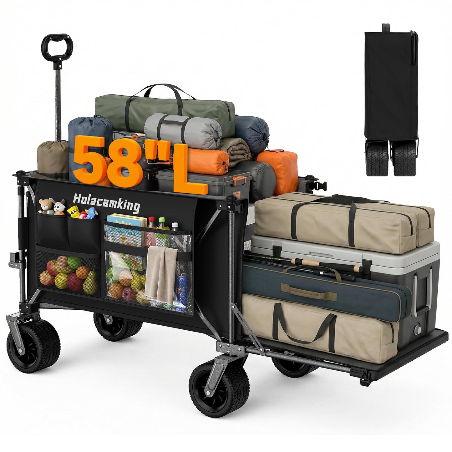 Holacamking 58”L Extender Collapsible Wagon, Extra Long Foldable Wagon Cart with Extended Tailgate, Heavy Duty Rolling Utility Cart with All-Terrain Big Wheels for Shopping Sports Beach, Black