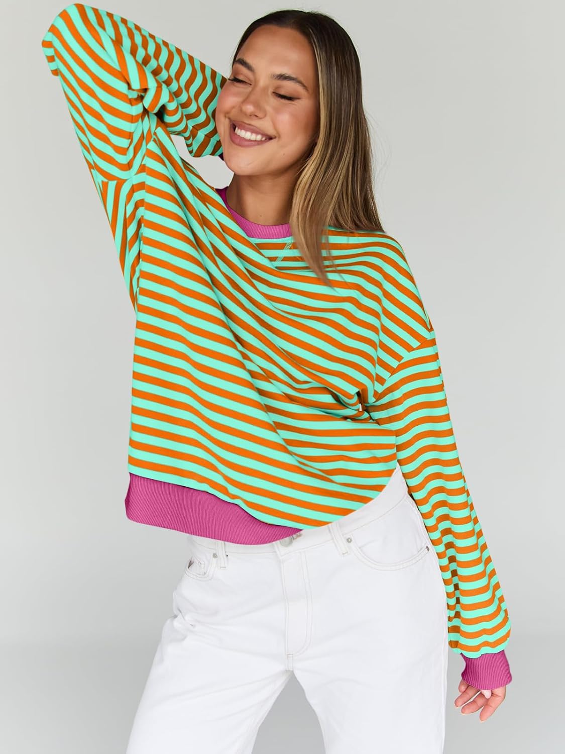 Trendy Queen Oversized Sweatshirt for Women 2025 Fall Crewneck Striped Long Sleeve Shirts Hoodies Cute Top Y2K Outfits