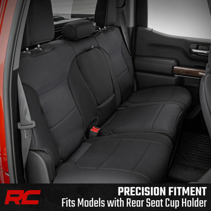 Rough Country Neoprene Seat Covers for Chevy Silverado/GMC Sierra 1500 (2019–2026) w/Rear Cup Holder - Waterproof, UV-Resistant, Foam Padded, Front & Rear Row Cover Set