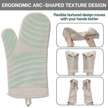 Beneno BPA-Free Silicone Oven Mitt 2-Pack Set, Heat Resistant 500°F Oven Mitts with Non-Slip Grip, Soft Thicker Lining, 7"x13", Beige