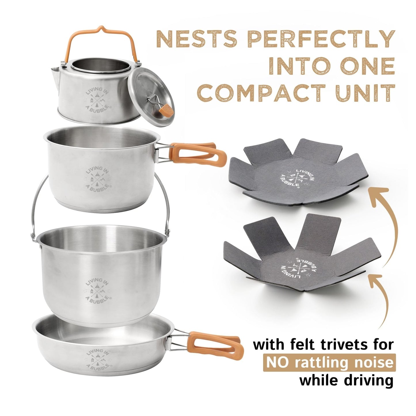 Living in a Bubble Premium 7-Piece Stainless Steel Cooking Set. Tri-layer Bonded Stainless-Steel - Ergonomic Handles with Silicone Sleeve - Compact & Stackable