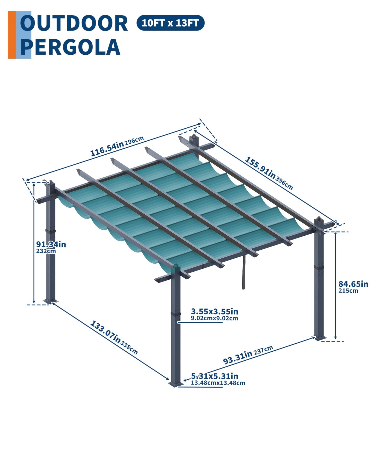 GarveeLife 10x13 ft Outdoor Pergola Metal Gazebo with Adjustable Canopy Reinforced Frame Outdoor Shelter for Backyard Garden Deck - Blue
