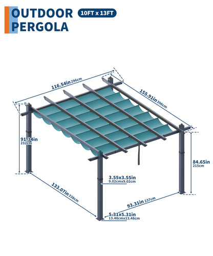 GarveeLife 10x13 ft Outdoor Pergola Metal Gazebo with Adjustable Canopy Reinforced Frame Outdoor Shelter for Backyard Garden Deck - Blue