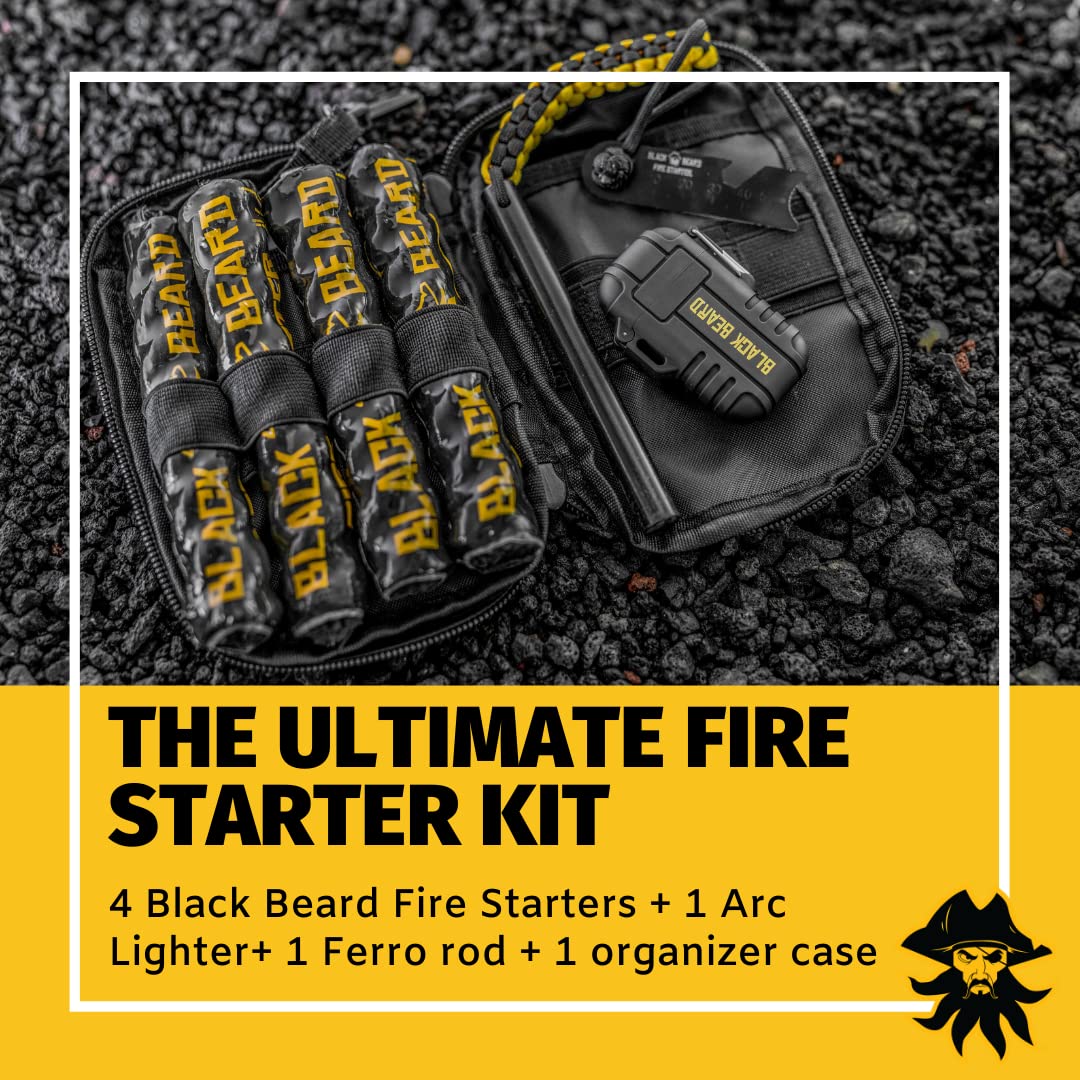 Black Beard Pirate's Plunder Fire Starter Kit with Waterproof Plasma Arc Lighter, Ferro Rod & Fire Starter Rope for Campfires in All-Weather Waterproof & Windproof
