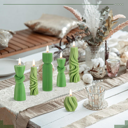 Threlaco 6 Pcs Ribbed Pillar Candles Modern Aesthetic Ribbed Decorative Candle Set Cute Soy Wax Scented Decor for Home(Green)