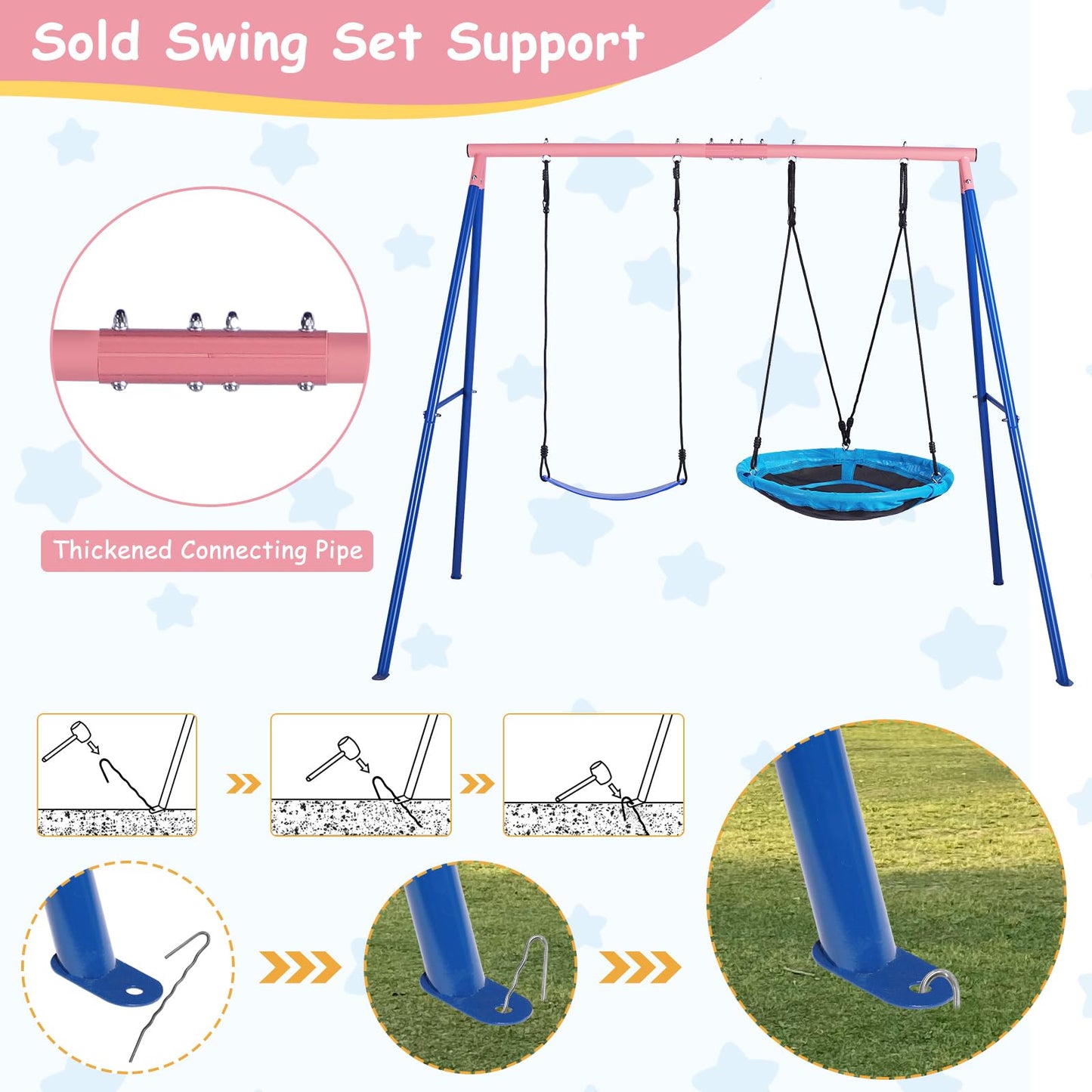 Lunafun Outdoor Swings for Kids, 440lbs, Heavy-Duty A-Frame Metal Outdoor Swing Stand, 1 Saucer & 1 Belt Swing Seat for Playground, Backyard Blue