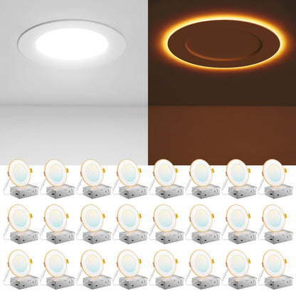 Amico 24 Pack 6 Inch 5CCT LED Recessed Ceiling Light with Night Light, 2700K/3000K/3500K/4000K/5000K Selectable Ultra-Thin Recessed Lighting, 12W=110W, 1100LM, Dimmable Canless Wafer Downlight ETL&FCC