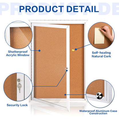 SWANCROWN Enclosed Cork Bulletin Board, Outdoor Bulletin Board Weatherproof with Acrylic Door and Keys, Wall-Mounted Notice Case, 28x20 Inches