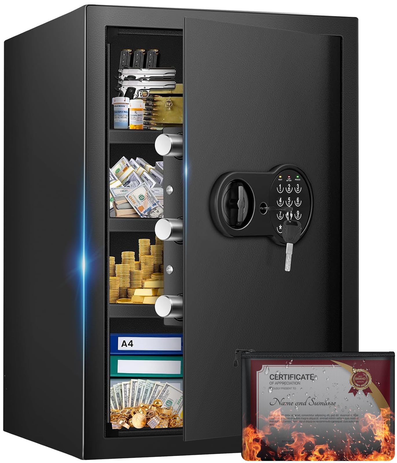 Mitlvge 23.62'' Tall Extra Large Safe Box, 5.0 Cu Ft Home Safes with Fireproof Waterproof Bag, Digital Keypad and 3 Removable Shelf, Security Box with Smart Alert for Money Medicines Jewelry Valuables