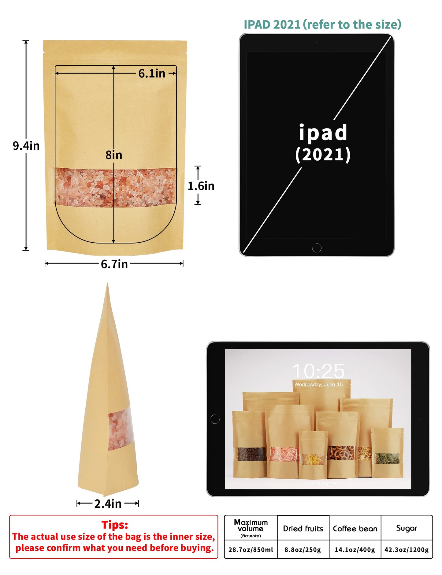 FireKylin 100 Pcs Brown Paper Bags with Window, 7.9" x 11.8" Stand Up Pouches Bags, Zipper Food Storage Bags for Packaging Products, Reusable, Sealable